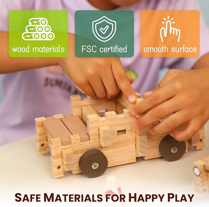 Jovi-mindly Wooden Building Blocks Car Set Toddler Boy Toys (101 pcs) with Storage Bag, Educational Classic Wooden Blocks for Toddlers Ages 3+ Boys and Girls,Truck/Excavator,FSC Certified