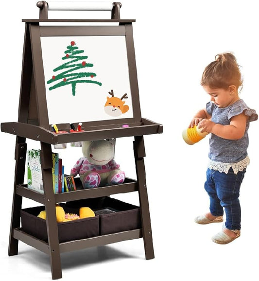 MAT Expert Kids Art Easel, 2-Side Child Easel w/Magnetic Whiteboard, Chalkboard & Paper Roll, Storage Easel w/2-Tier Rack & 2 Storage Boxes, 3 in 1 Toddler Art Craft Supply Drawing Easel (Coffee)