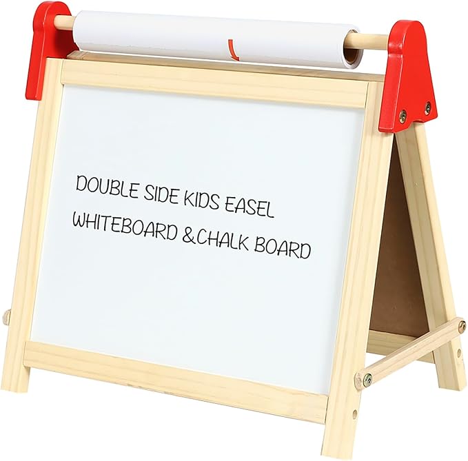 Easy Playhouse Wooden Table Top Easel for Children. Double Sided, White Board and Chalk Board. Chalk, Eraser, Markers, Alphabet, Stickers and Paper Roll. Age 3+