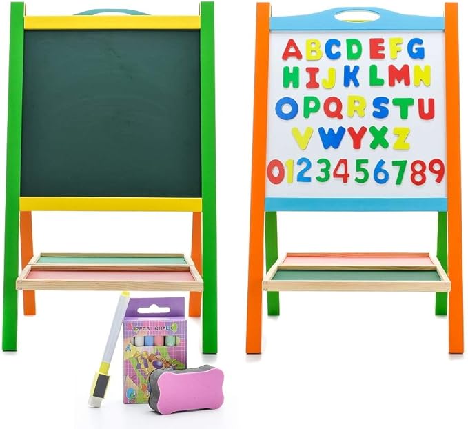 Double Sided Wooden Art Easel for Kids Standing Magnetic Whiteboard Chalkboard Small Toddler Toys. Includes Wooden ABC Numbers. Eco Friendly