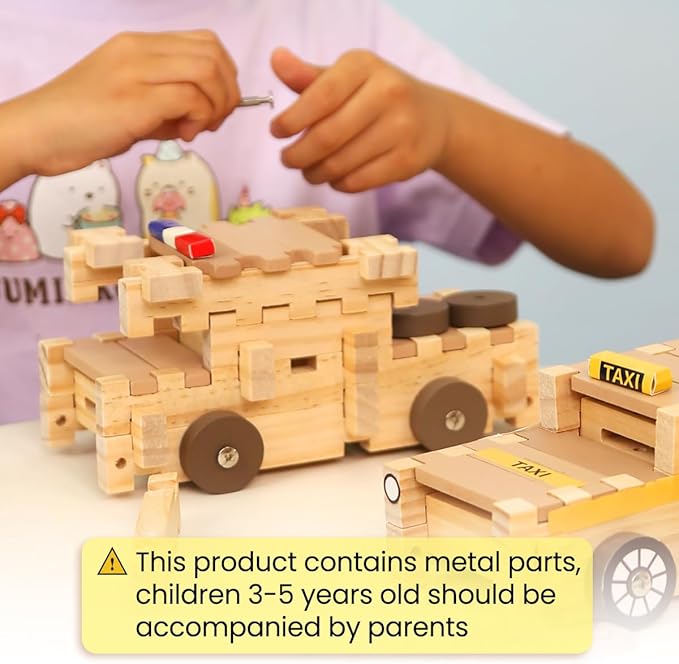Jovi-mindly Wooden Building Blocks Car Set Toddler Boy Toys (101 pcs) with Storage Bag, Educational Classic Wooden Blocks for Toddlers Ages 3+ Boys and Girls,Truck/Excavator,FSC Certified