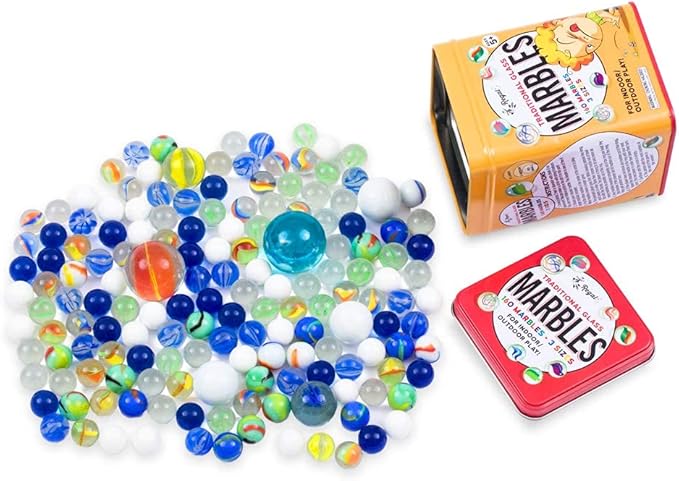 Regal Games 160 Count Traditional Glass Marbles with a Storage Tin, 3 Sizes, Variety of Patterns