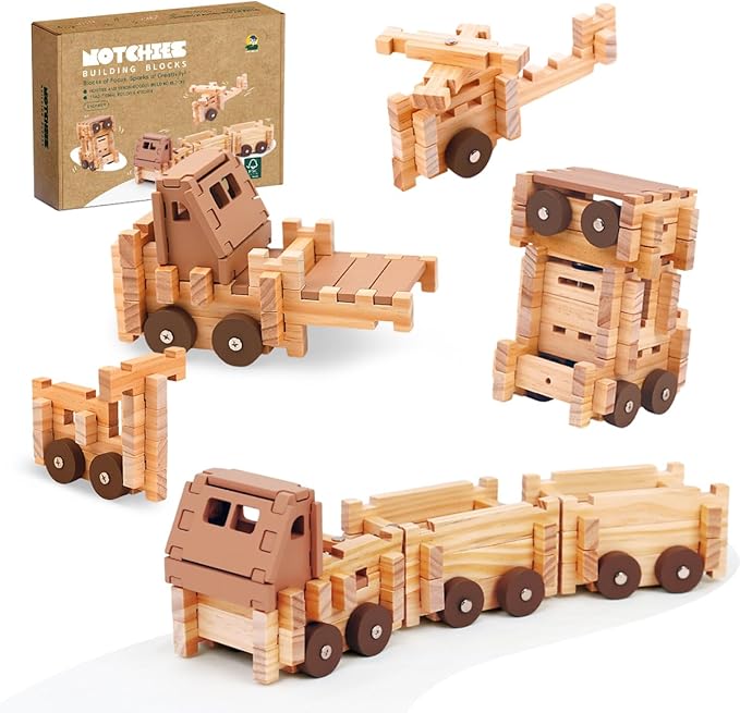Jovi-mindly Wooden Building Blocks Car Set Toddler Boy Toys (101 pcs) with Storage Bag, Educational Classic Wooden Blocks for Toddlers Ages 3+ Boys and Girls,Truck/Excavator,FSC Certified