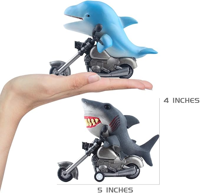 DINOBROS Shark Toy Car 2 Pack Friction Powered Motorcycle Monster Sea Animal Game Great White Shark and Dolphin Toys