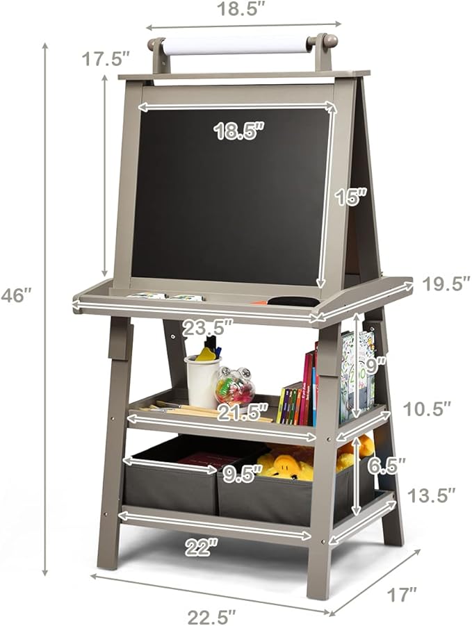 MAT Expert Kids Art Easel, 2-Side Child Easel w/Magnetic Whiteboard, Chalkboard & Paper Roll, Storage Easel w/2-Tier Rack & 2 Storage Boxes, 3 in 1 Toddler Art Craft Supply Drawing Easel (Gray)