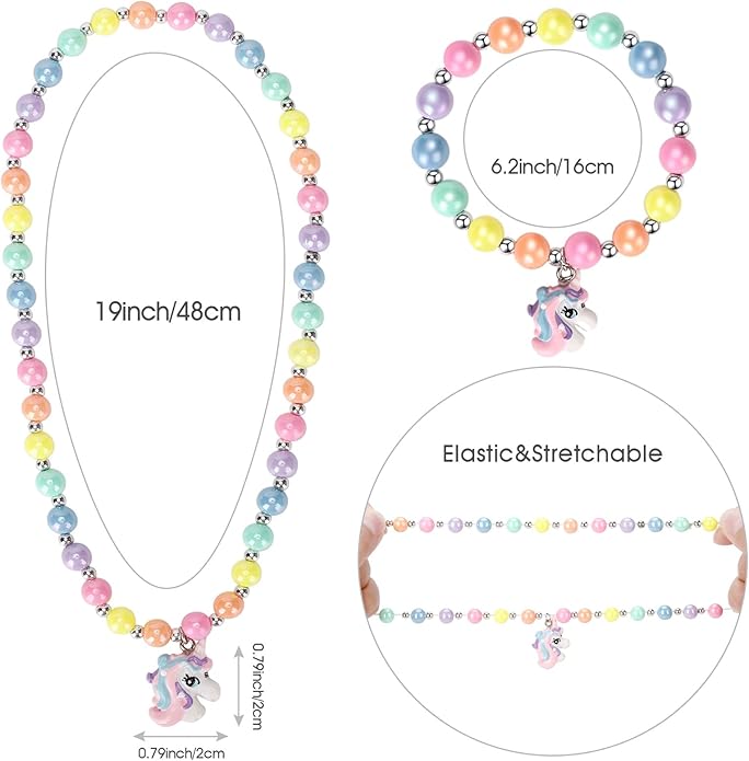 Unicorn Stretch Necklace Little Girl Toddler Necklace Bracelet Set, Little Princess Jewelry Accessories Favors Bags for Girls (2)