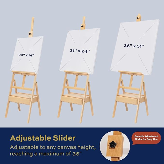 Large Adjustable Beech Wood Painting Easel with Storage Drawer (60"~74" H), Holds up to 36", Art Easel for Adults Artist Beginners Students