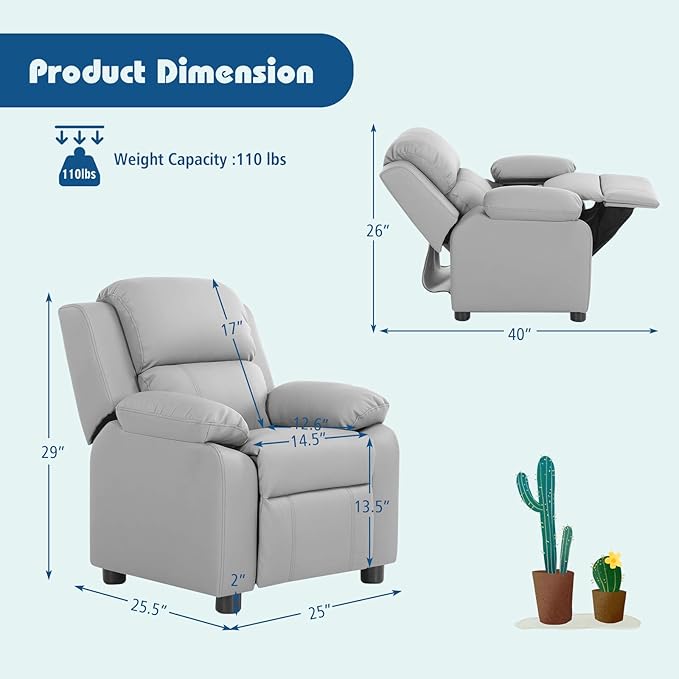 Costzon Kids Recliner, Leather Recliner Chair w/Footrest, Armrest Storage, Headrest & Lumbar Support, Ergonomic Lounge Chair for Living & Gaming Room, Adjustable Recliner Sofa for Boys Girls (Gray)