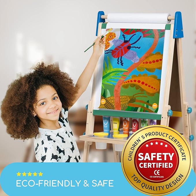 MEEDEN Art Easel for Kids: Wooden Painting Kids Easel with Paper Rolls - Magnetic Easel for Toddlers with Chalkboard & Deluxe Accessories