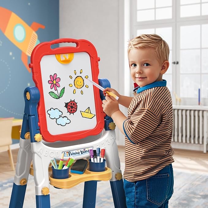 Easel for Kids, Kids Easel, Double-Sided Art Easel for Kid 3-4, Chalk Board Kid, Toddler Easel, White Board Kid, Kids Art Easel, Art Easel for Kids Age 4-8, Christmas Gifts for Kids, Red&Blue