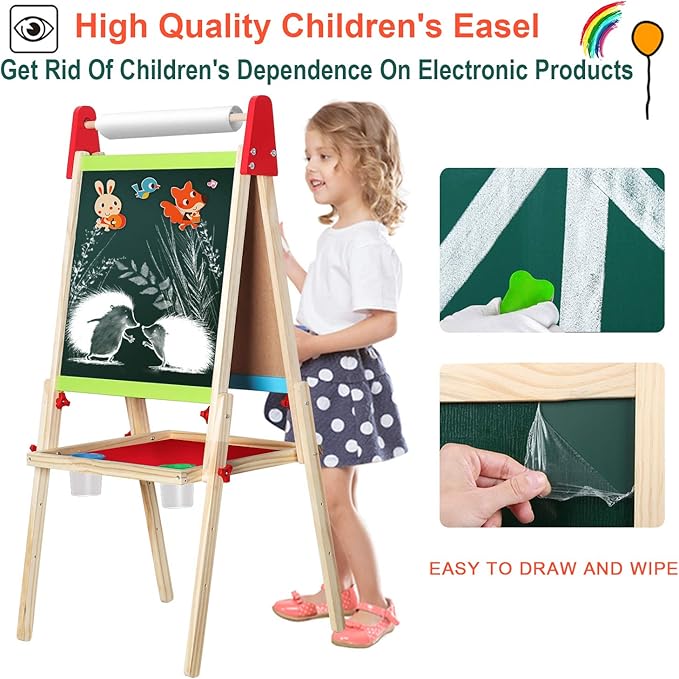 Easel for Kids, Gimlife White Board Art Easel Chalkboard Double-Sided Dry Erase Whiteboard & Chalkboard Standing for Kids with Easel Paper Roll for Children Toddler Boys Girls Drawing Painting