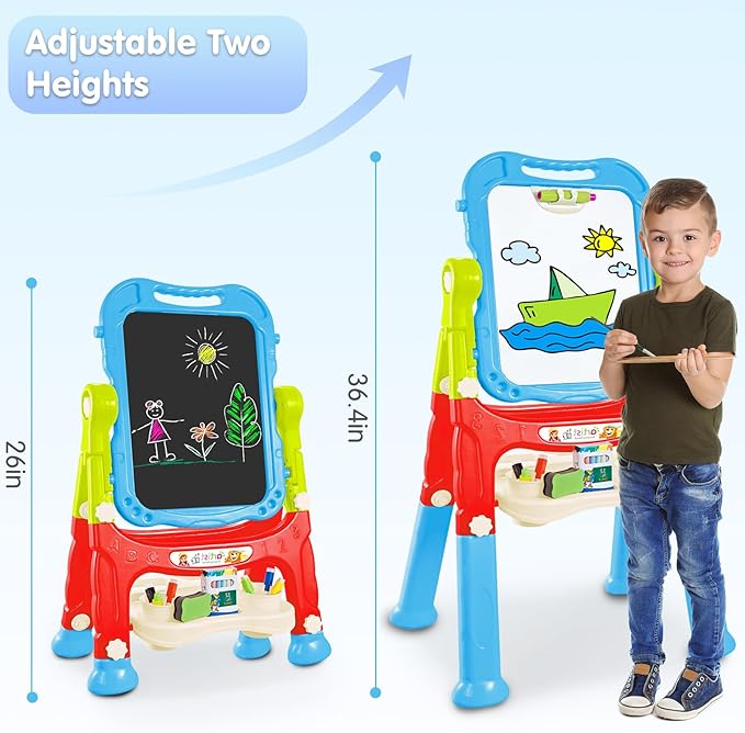 Easel for Kid, Double Sided Kids Art Easel with Magnetic Chalkboard & White Board, Adjustable Standing Painting Drawing Board for Toddler, Education Gift Toy for Boy Girls Age 3, 4, 5 (Blue+red)