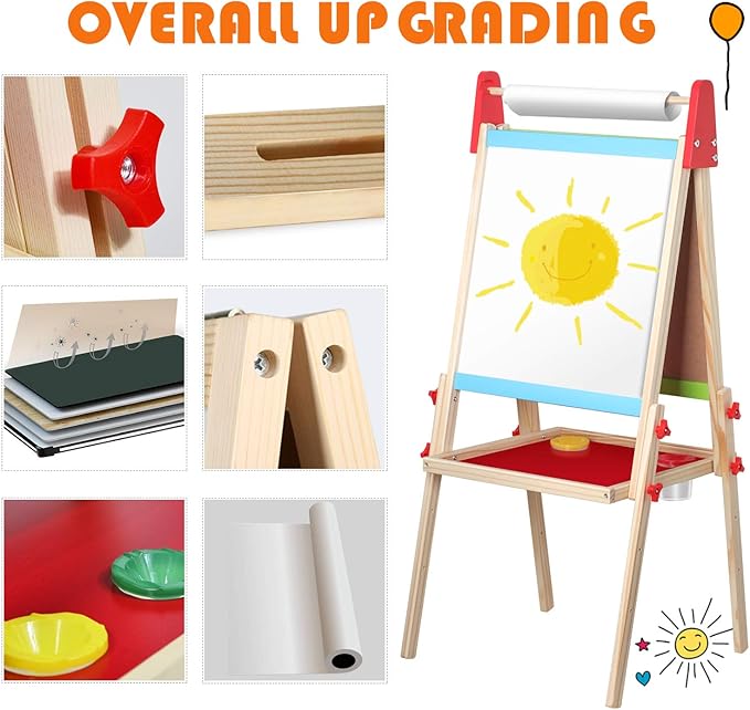 Easel for Kids, Gimlife White Board Art Easel Chalkboard Double-Sided Dry Erase Whiteboard & Chalkboard Standing for Kids with Easel Paper Roll for Children Toddler Boys Girls Drawing Painting