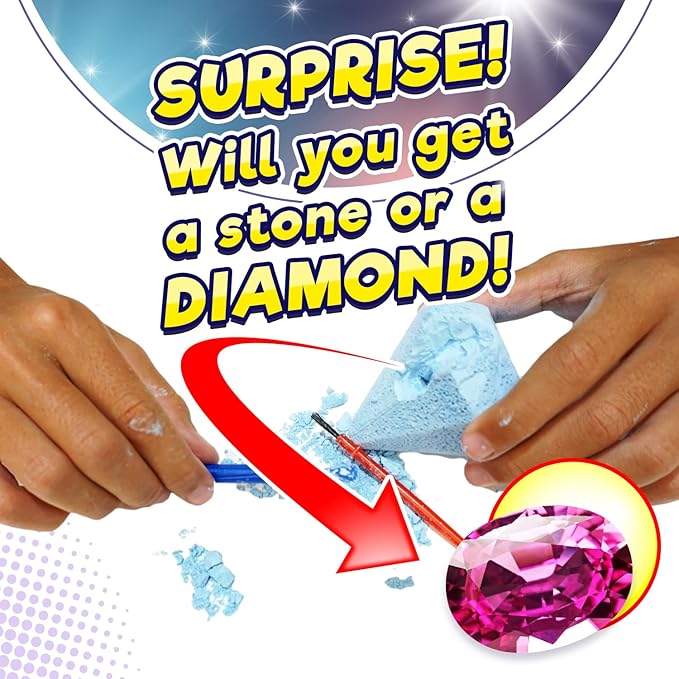 JA-RU Real Diamond Mine Gemstone Dig Kit (1 Pack) Mystery Rock, Minerals, and Gems for Kids | Break Your Own Geodes and a Chance to Get 1 Real Diamond | Party Favors for Kids Goodie Bags. Item 4630-1s