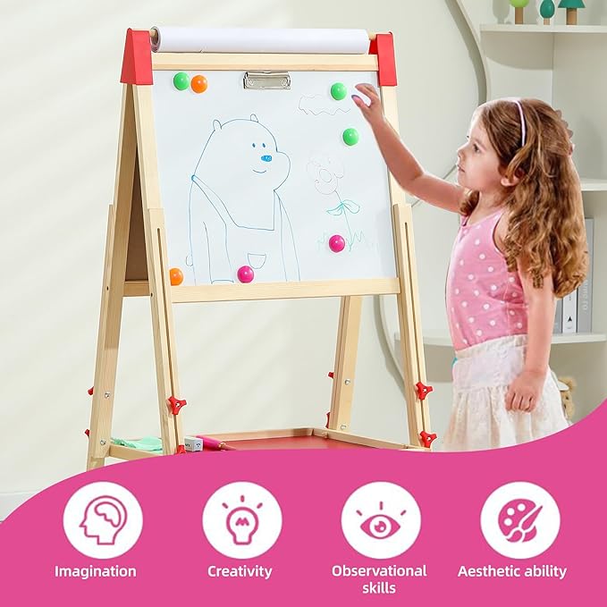 Easel for Kids,Adjustable Wooden Toddler Art Easels with Paper Rol,Magnetic White Board and Chalk Board with Art Supplies (ML-0036-001)