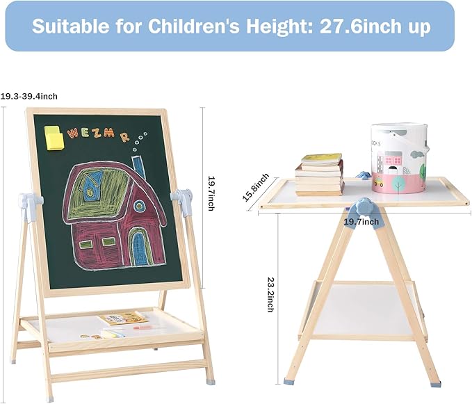 QZMTOY Kids Art Easel, Deluxe Standing Easel Set, Adjustable Art Table, Dry Erase Board&Chalkboard Double Sided Stand, 360°Rotating Drawing Easels with Art Supplies, Adjust Height 28-39in