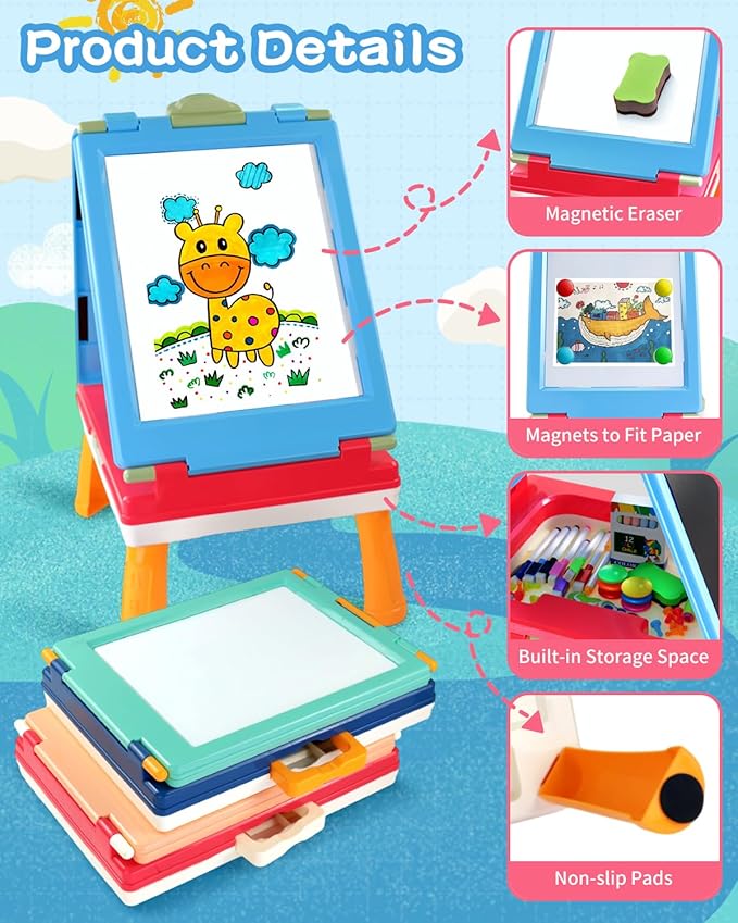 Easel for Kids, 4 in 1 Double Sided Toddler Art Easel with Chalkboard & Magnetic Whiteboard, Foldable Kids Tabletop Easel with Drawing & Writing Accessories - Gift for Boys and Girls (Blue)