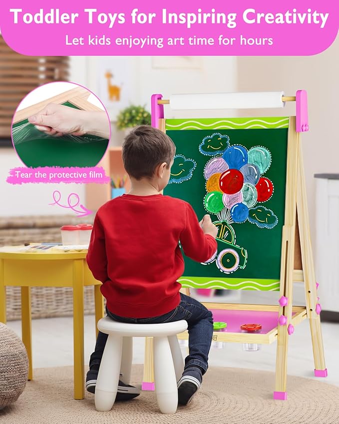 Easel for Kids,Toddler Art Easels for Painting, Stand Kids Easel White Board Dry Erase,Height Adjustable Double-Sided Magnetic Whiteboard and Chalk Board with Paper Roll Art Supplies for Ages 2-4,5-7
