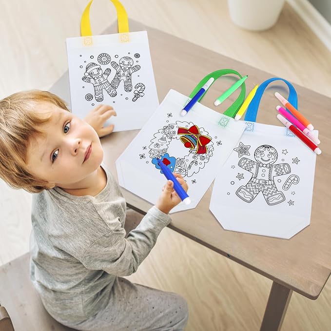 Pasimy 24 Pieces Mandala Christmas Coloring Goodies Bags with 144 Makers Recycle Bag Coloring Gifts Bags Color Your Own Totes for Kids DIY Painting Art Crafts Xmas Holiday Birthday Party Favors