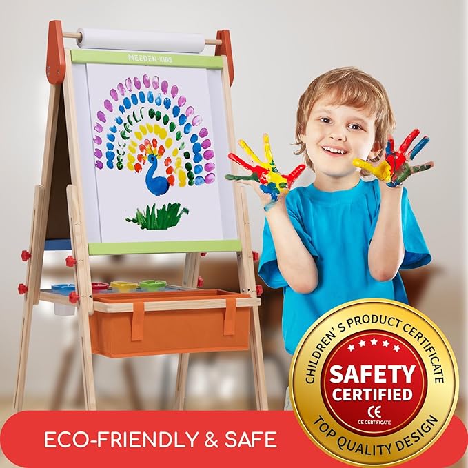 MEEDEN Wooden Art Easel for Kids: Double-Sided Painting Kids Easel for Toddlers with Paper Rolls - Magnetic Easel with Chalkboard & Deluxe Accessories