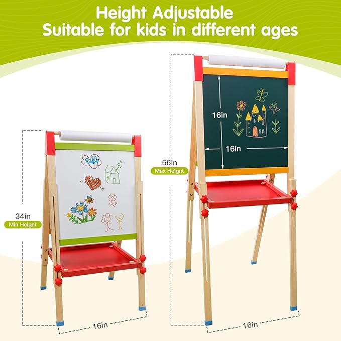 Easel for Kids Double-Sided Kids Easel with Paper Roll Wooden Art Easel Whiteboard & Chalkboard Adjustable Standing Toddler Easel with Accessories Gift for Boys and Girls