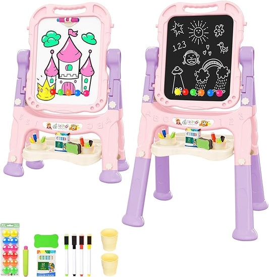 Easel for Kid, Double Sided Kids Art Easel with Magnetic Chalkboard & White Board, Adjustable Standing Painting Drawing Board for Toddler, Education Gift Toy for Boy Girls Age 3, 4, 5 (Pink+Puple)