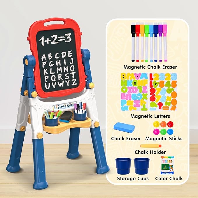 Easel for Kids, Kids Easel, Double-Sided Art Easel for Kid 3-4, Chalk Board Kid, Toddler Easel, White Board Kid, Kids Art Easel, Art Easel for Kids Age 4-8, Christmas Gifts for Kids, Red&Blue