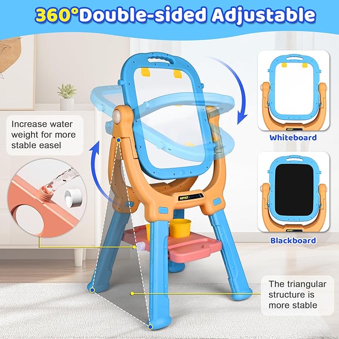 Double-Sided 360°Rotating Kids Easel and Toddler Art Easel, Equipped with A Little Bench and Painting Accessories, Childrens Art Easel for Kids 3-4, Gifts for Toddler (Orange+Blue)