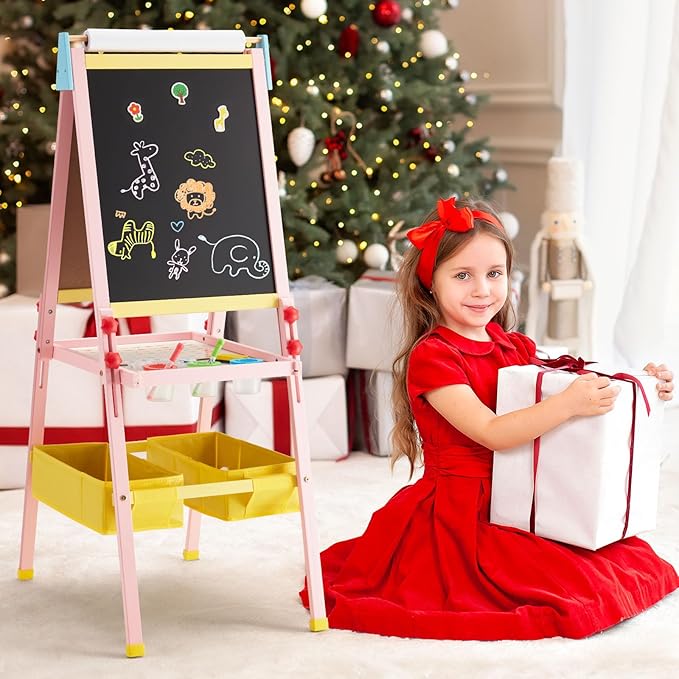 Easel for Kids Art Easel for Toddlers, Height Adjustable Kid Easel with Paper Roll, Toddler Art Easel with Double Sided Magnetic Board and Accessories, Perfect Painting Easel for Kids, Pink