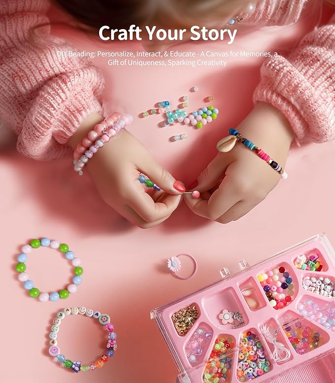 Geyiie Nail Polish Toys Set, DIY Bead Making Kit in Acrylic Storage Box 3 Drawers with Halloween nail sticker for girls , Bracelet Making Kit Arts & Crafts for Girls, Party Favor
