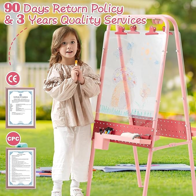 FUNLIO Foldable Outdoor Easel for Kids Aged 3+, Double-Sided Kids Easel with 2 Acrylic Boards & 21 pcs Accessories, Waterproof & Sunproof Art Easel for Kids, Portable & Stable - Pink