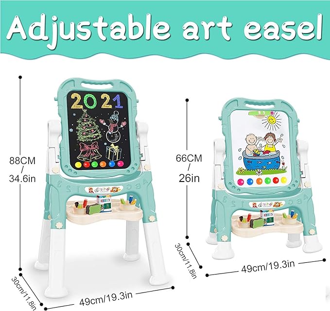 Easel for Kids,Rotatable Double Sided Easel for Kids Adjustable Standing Art Easel with Painting Accessories for Toddlers Boys and Girls-Green