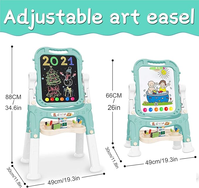 Easel for Kids,Rotatable Double Sided Easel for Kids Adjustable Standing Art Easel with Painting Accessories for Toddlers Boys and Girls-Green
