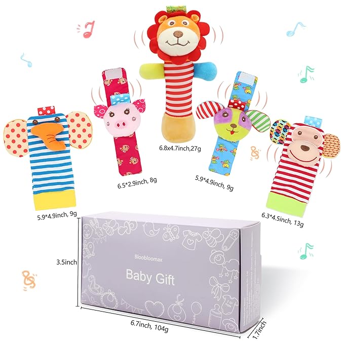 Wrist Rattles Foot Finder Rattle Toy for 0-4 Months Baby, Feet Leg Ankle Socks Arm Hand Bracelet Shaker for 4-8 Months Infant boy & Girl, Gift Set for 0-1 Years Newborn Babies (5 pcs-B)