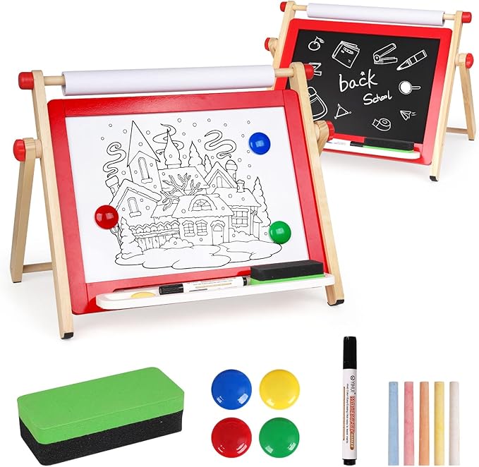 Kids Art Easel, Tabletop Easel for Kids,Wooden Double Sided Kids Easel with Magnetic Whiteboard,Chalkboard and Paper Roll,Great for Girls Boys Ages 3 4 5 Gift