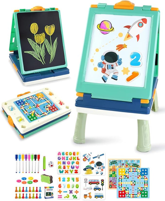 Easel for Kids,Tabletop Easel for Toddler, Foldable 4 in 1 Double Sided Kids Art Easel with Chalkboard & Magnetic Whiteboard,Portable Desktop Drawing Board - Gift for Boys and Girls (Green)