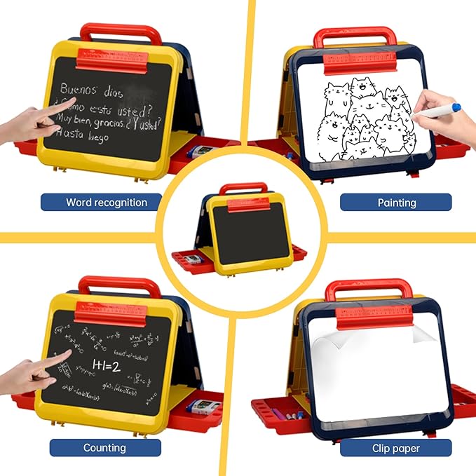 Easel for Kids-Art Easel for Toddler-Chalkboard White Board for Kids-Dry Erase Table Top Easel for Kids-Foldable Double-Sided Easel-Portable Desktop Easel for Toddler Kids3 4 5 6 7 8(Blue & Yellow)