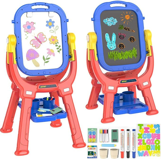 Easel for Kids, Toddler Art Easel Adjustable Standing, Magnetic Double Sided Easel with Painting Accessories Gift for Boys and Girls