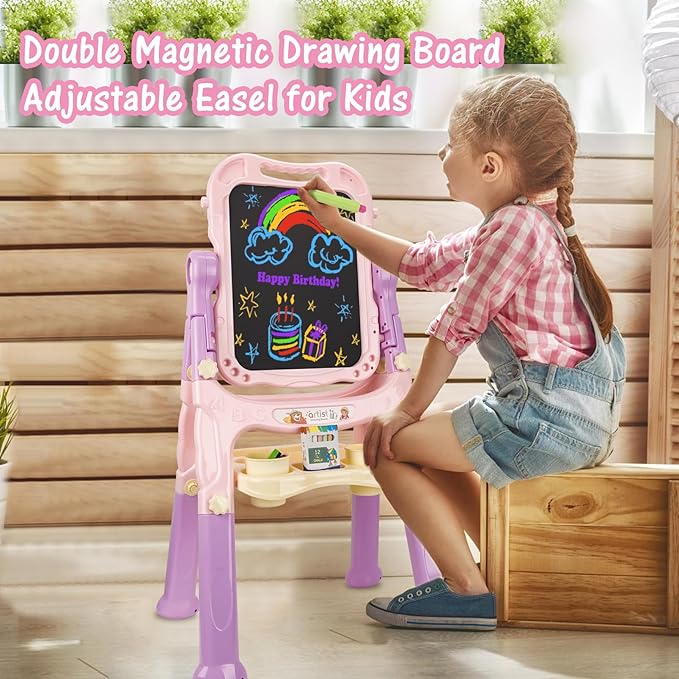 Toddler Easel, Adjustable Standing Easel for Toddlers, Double Magnetic Drawing Board with Painting Accessories, Birthday Present for Little Boys and Girls, Pink