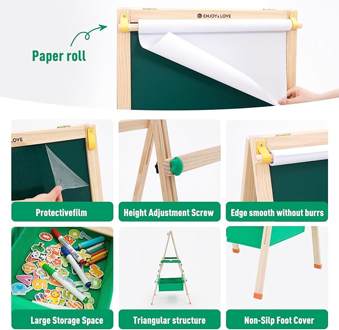 Extra Large Wooden Easel with Paper Roll, Art Easel for Kids White Board & Chalkboard 2 Sided, Height Adjustable, Foldable Drawing Board Includ Rich Painting Accessories, L: 25.5, W: 20.9, H: 43.3inch