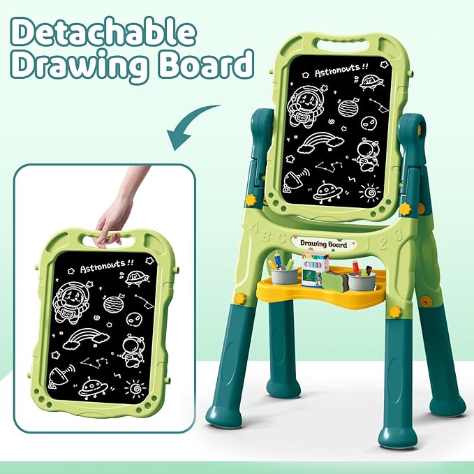 deAO Art Easel Toys for Kids, 4-in-1 Double Magnetic Drawing Board Adjustable Standing Rotatable Sidewalk Chalk with Painting Writing Accessories, Easel Toys Birthday Gifts for Girls Boy (Green)