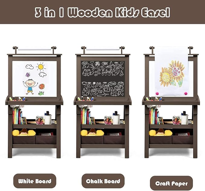 MAT Expert Kids Art Easel, 2-Side Child Easel w/Magnetic Whiteboard, Chalkboard & Paper Roll, Storage Easel w/2-Tier Rack & 2 Storage Boxes, 3 in 1 Toddler Art Craft Supply Drawing Easel (Coffee)
