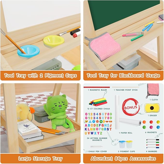 Easel for Kids Deluxe Foldable All-in-1 Toddler Easel with Paper Roll& 84pcs Accessories Magnetic Chalk-Whiteboard Art Center for Kids 3 4 5 6 7 8 Years Old Boys Girls-Natural Wood