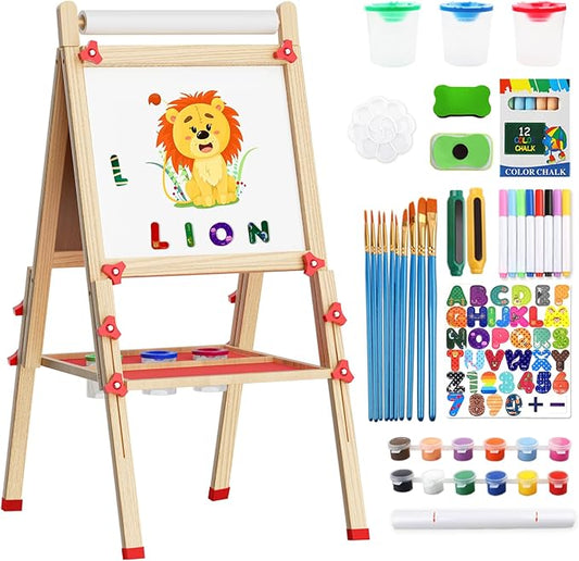 Easel for Kids Including 100+ Accessories, Kids Easel Double Sided Wooden, White Board & Magnetic Drawing Board & Paper Roll, Height Adjustable Standing Art Easel for Kids 3-4 4-8 9-12