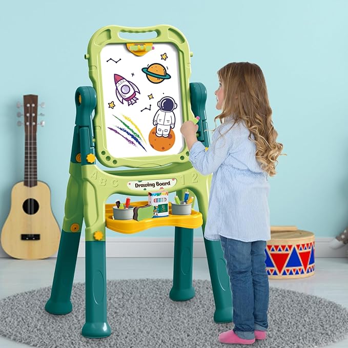 deAO Art Easel Toys for Kids, 4-in-1 Double Magnetic Drawing Board Adjustable Standing Rotatable Sidewalk Chalk with Painting Writing Accessories, Easel Toys Birthday Gifts for Girls Boy (Green)