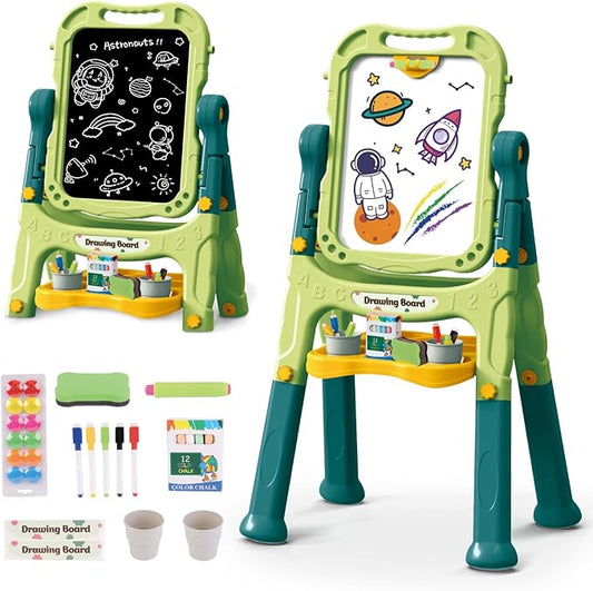 deAO Art Easel Toys for Kids, 4-in-1 Double Magnetic Drawing Board Adjustable Standing Rotatable Sidewalk Chalk with Painting Writing Accessories, Easel Toys Birthday Gifts for Girls Boy (Green)