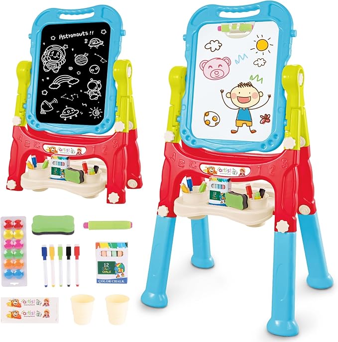 deAO Art Easel Toys for Kids, 4-in-1 Double Magnetic Drawing Board Adjustable Standing Rotatable Sidewalk Chalk with Painting Writing Accessories, Easel Toys Birthday Gifts for Girls Boy (Blue)