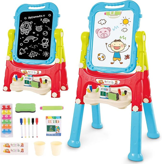 deAO Art Easel Toys for Kids, 4-in-1 Double Magnetic Drawing Board Adjustable Standing Rotatable Sidewalk Chalk with Painting Writing Accessories, Easel Toys Birthday Gifts for Girls Boy (Blue)