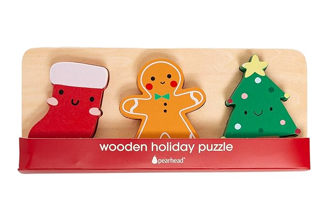 Pearhead 3 Piece Wooden Holiday Puzzle, Kids Christmas Puzzle, Holiday Puzzle Stocking Stuffer, Christmas Toys for Children, Holiday Toy Ideas, 3 Piece Set