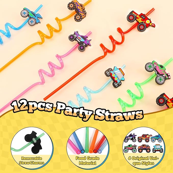 Monster Truck Party Favors Serve 12, Machine Jam Birthday Supplies include Slap Bracelet Coloring Books with Stacking Crayons Drinking Straws Keychain Stickers Gift Bags for Kids 122Pcs